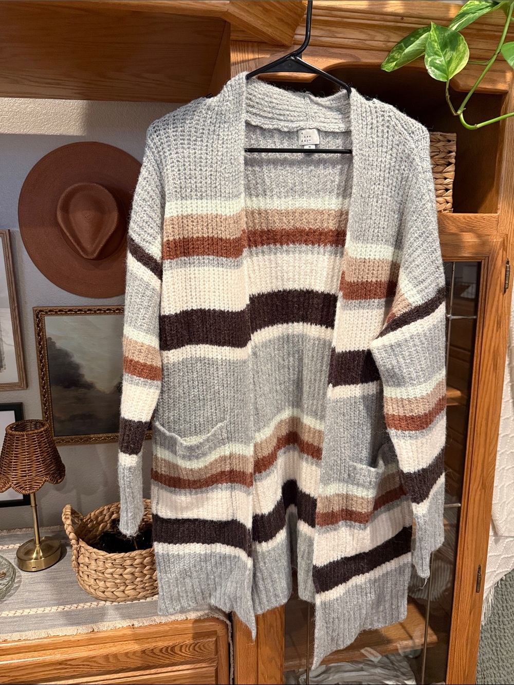 a new day Striped Open-Front Cardigan in Gray, Cream & Brown